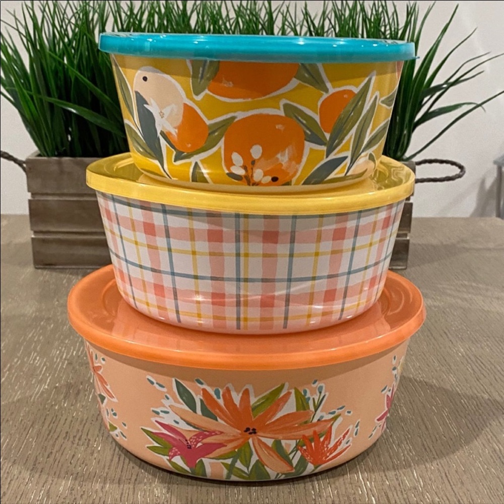 Melamine Floral stacking container set of 3 with Lid